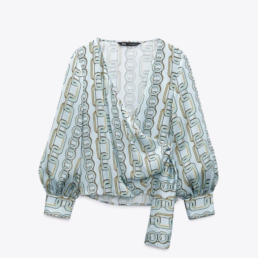 Zara New Sky Blue Chain‎ Print Long Balloon Sleeves Wrap Shirt Size L Holiday